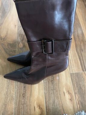 N.Y.L.A. Dark Brown Pointed Toe Mid-Calf Leather Boots with Buckle